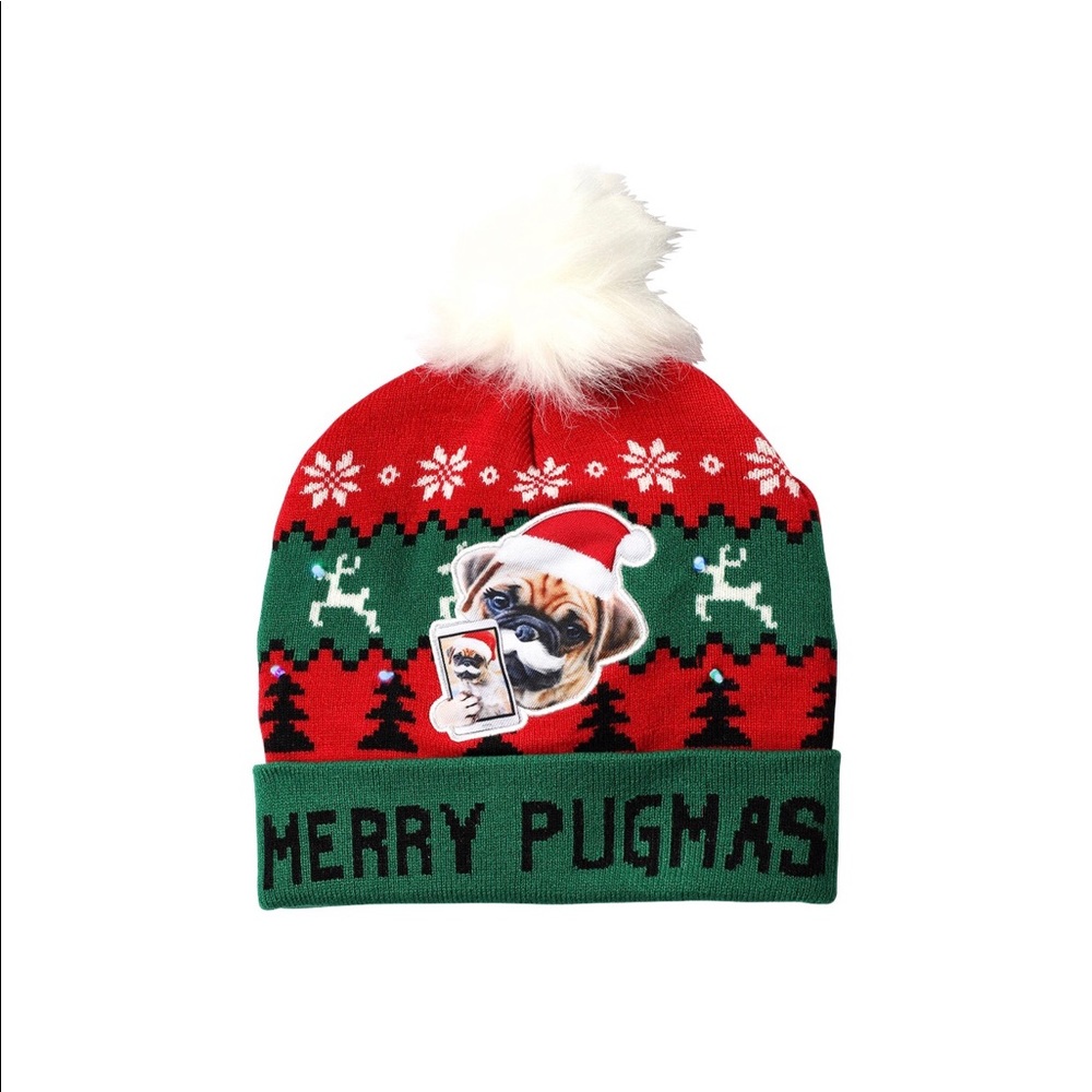 Light Up Holiday Beanie Hat Merry Pugmas